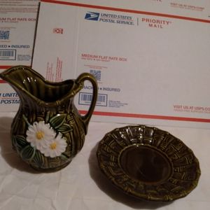 Vintage Japan green floral ceramic pitcher and saucer